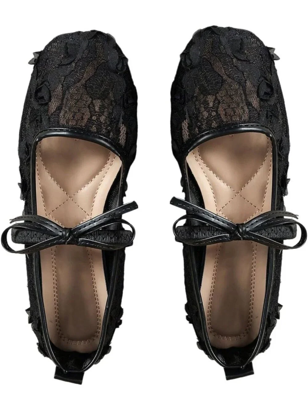 Women's Black Mesh Ballet Flats Lace Bow Square Toe Wedding Dressy Work Shoes